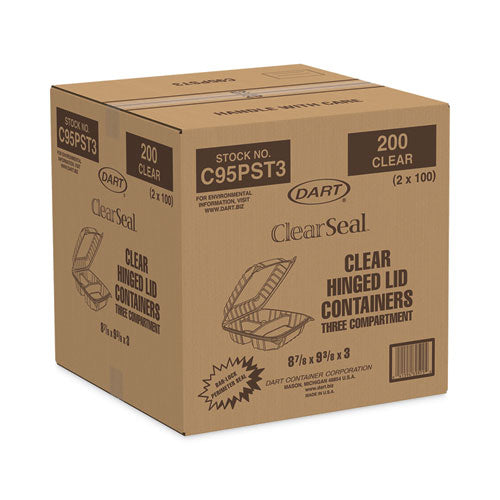 Image of Dart® ClearSeal Hinged-Lid Plastic Containers, 3 Compartments, 9.4 x 8.9 x 3, Plastic, 100/Bag, 2 Bags/Carton