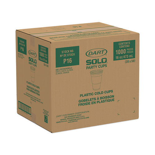 Image of Dart® SOLO Party Plastic Cold Drink Cups, 16 oz, 50/Sleeve, 20 Sleeves/Carton