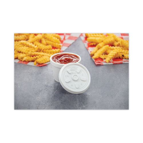 Image of Dart® Plastic Lids for Foam Containers, Vented, Fits 3.5 oz to 6 oz, White, 100/Pack, 10 Packs/Carton