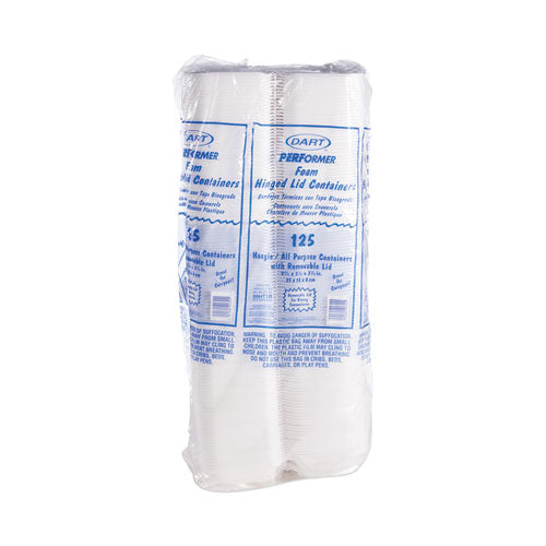 Image of Dart® Foam Hinged Lid Container, Hoagie Container With Removable Lid, 5.3 X 9.8 X 3.3, White, 125/bag, 4 Bags/carton