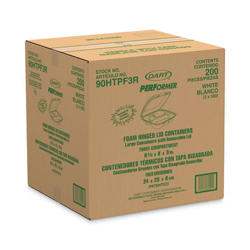 Image of Dart® Foam Hinged Lid Container, Performer Perforated Lid, 3 Compartments, 9 x 9.4 x 3, White, 100/Bag, 2 Bag/Carton