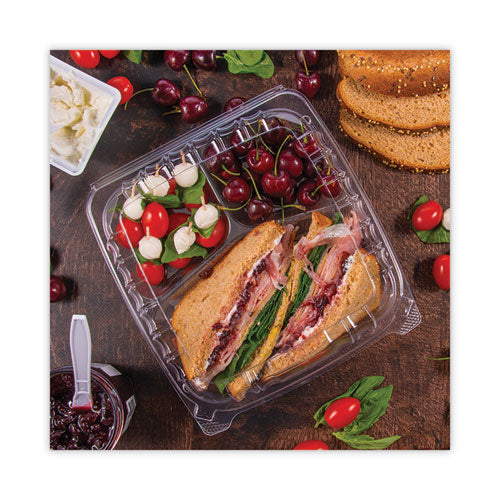 Image of Dart® ClearSeal Hinged-Lid Plastic Containers, 3 Compartments, 9.4 x 8.9 x 3, Plastic, 100/Bag, 2 Bags/Carton
