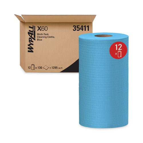 Image of WypAll® General Clean X60 Cloths, Small Roll, 9.8 x 13.4, Blue, 130/Roll, 12 Rolls/Carton