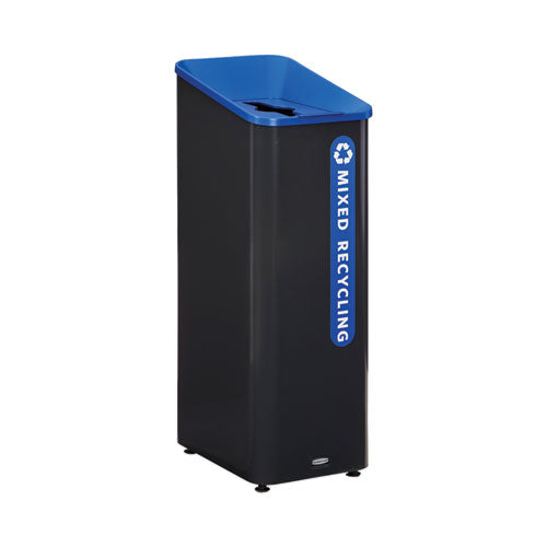 Image of Rubbermaid® Commercial Sustain Decorative Refuse with Recycling Lid, 15 gal, Metal/Plastic, Black/Blue
