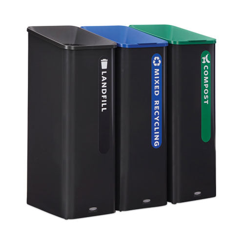 Image of Rubbermaid® Commercial Sustain Decorative Refuse with Recycling Lid, 15 gal, Metal/Plastic, Black/Blue