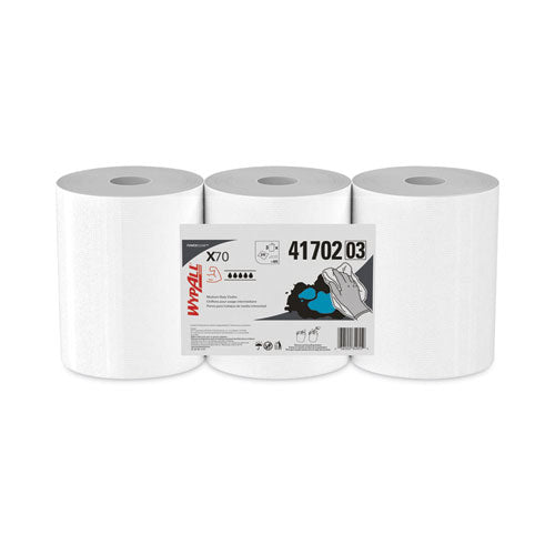 Image of WypAll® X70 Cloths, Center-Pull, 9.8 x 12.2, White, 275/Roll, 3 Rolls/Carton