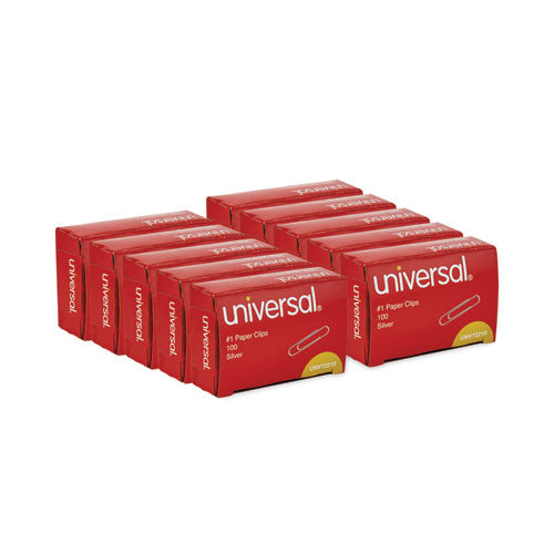 Image of Universal® Paper Clips, #1, Smooth, Silver, 100 Clips/Box, 10 Boxes/Pack