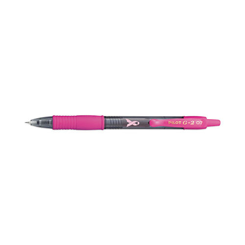 Image of Pilot® G2 Premium Breast Cancer Awareness Gel Pen, Retractable, Fine 0.7 mm, Black Ink, Smoke/Pink Barrel, Dozen