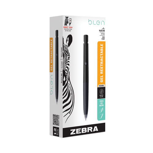 Image of Zebra® bLen Gel Pen, Retractable, Fine 0.7 mm, Black Ink, Black Barrel, Dozen
