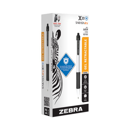 Image of Zebra® Sarasa Dry X20+ Gel Pen, Retractable, Fine 0.7 mm, Black Ink, White/Black Barrel, Dozen