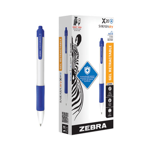 Image of Zebra® Sarasa Dry X20+ Gel Pen, Retractable, Fine 0.7 mm, Blue Ink, White/Blue Barrel, Dozen