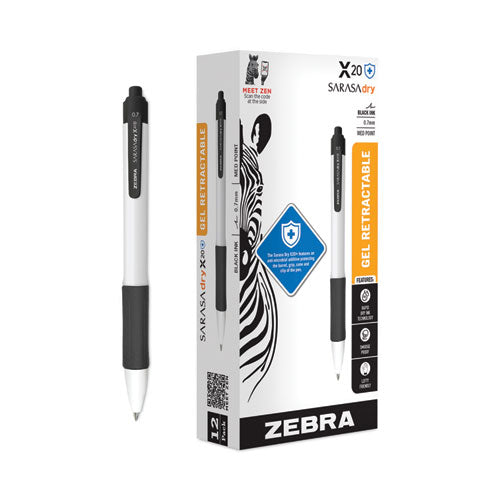 Image of Zebra® Sarasa Dry X20+ Gel Pen, Retractable, Fine 0.7 mm, Black Ink, White/Black Barrel, Dozen
