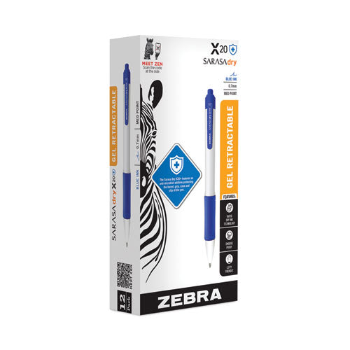 Image of Zebra® Sarasa Dry X20+ Gel Pen, Retractable, Fine 0.7 mm, Blue Ink, White/Blue Barrel, Dozen