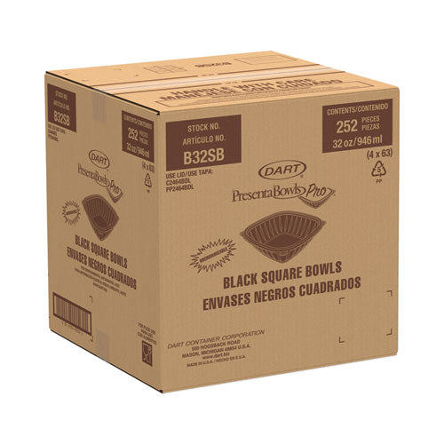 Image of Dart® PresentaBowls Pro Black Square Bowls, 32 oz, 8.5 x 8.5 x 2, Plastic, 63/Bag, 4 Bags/Carton