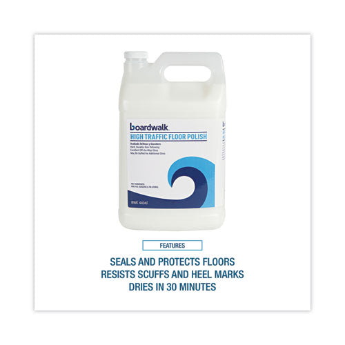 Image of Boardwalk® High Traffic Floor Polish, Apply 3 to 5 Coats per Application, Unscented, 1 gal Bottle, 4/Carton