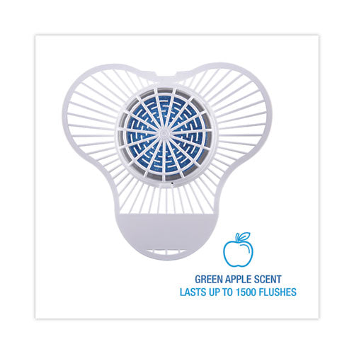 Image of Boardwalk® Urinal Screen with Non-Para Deodorizer Block, Green Apple Scent, 3.25 oz, Blue/White, 12/Box