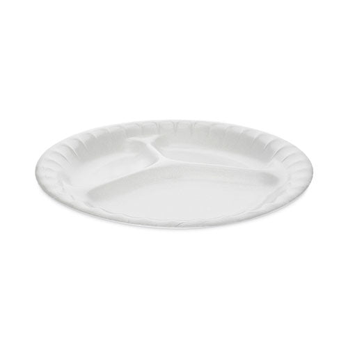 Image of Pactiv Evergreen Placesetter Deluxe Laminated Foam Dinnerware, 3-Compartment Plate, 8.88" dia, White, 500/Carton