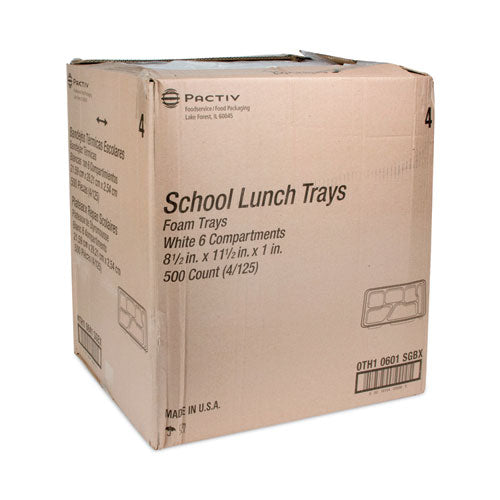 Image of Pactiv Evergreen Foam School Trays, 6-Compartment Tray, 8.5 x 11.5 x 1.25, White, 500/Carton