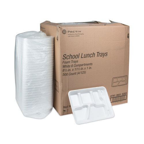 Image of Pactiv Evergreen Foam School Trays, 6-Compartment Tray, 8.5 x 11.5 x 1.25, White, 500/Carton