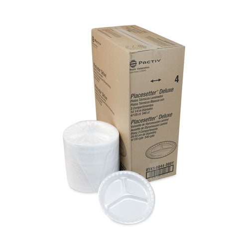 Image of Pactiv Evergreen Placesetter Deluxe Laminated Foam Dinnerware, 3-Compartment Plate, 10.25" dia, White, 540/Carton