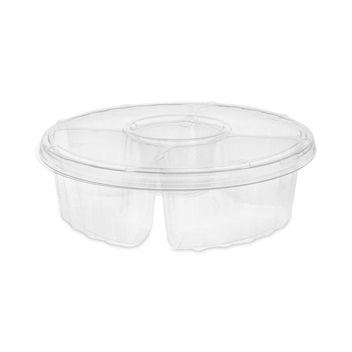 Image of Pactiv Evergreen Dip Cup Platter, 4 Compartments, 64 oz, 10" Diameter, Clear, Plastic, 100/Carton