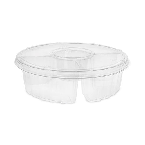 Image of Pactiv Evergreen Dip Cup Platter, 4 Compartments, 64 oz, 10" Diameter, Clear, Plastic, 100/Carton