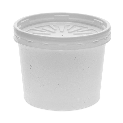 Image of Pactiv Evergreen Paper Round Food Container and Lid Combo, 12 oz, 3.75" Diameter x 3" h, White, 250/Carton