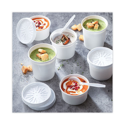 Image of Pactiv Evergreen Paper Round Food Container and Lid Combo, 12 oz, 3.75" Diameter x 3" h, White, 250/Carton