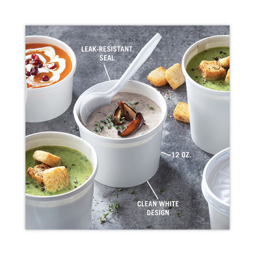 Image of Pactiv Evergreen Paper Round Food Container and Lid Combo, 12 oz, 3.75" Diameter x 3" h, White, 250/Carton