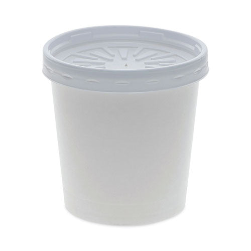 Image of Pactiv Evergreen Paper Round Food Container and Lid Combo, 16 oz, 3.75" Diameter x 3.88" h, White, 250/Carton