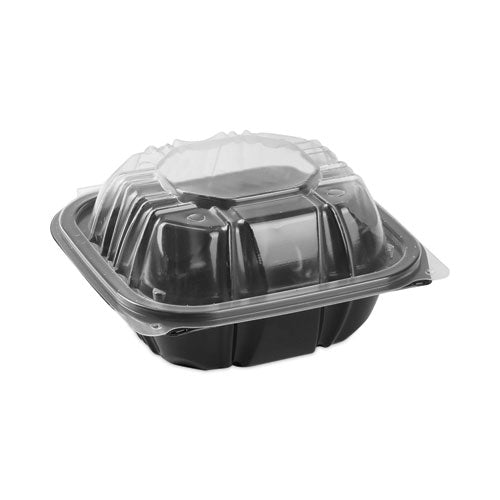Image of Pactiv Evergreen EarthChoice Vented Dual Color Microwavable Hinged Lid Container, 16 oz, 6 x 6 x 3, Black/Clear, Plastic, 321/Carton