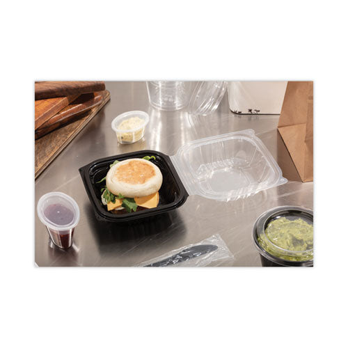 Image of Pactiv Evergreen EarthChoice Vented Dual Color Microwavable Hinged Lid Container, 16 oz, 6 x 6 x 3, Black/Clear, Plastic, 321/Carton