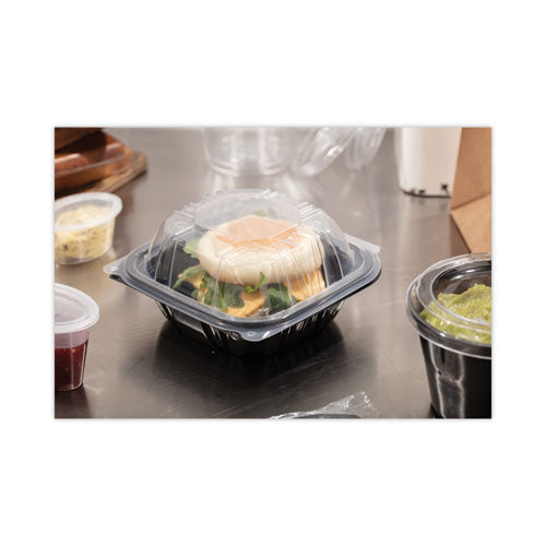 Image of Pactiv Evergreen EarthChoice Vented Dual Color Microwavable Hinged Lid Container, 16 oz, 6 x 6 x 3, Black/Clear, Plastic, 321/Carton