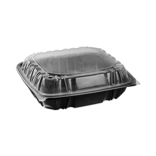 Image of Pactiv Evergreen EarthChoice Vented Dual Color Microwavable Hinged Lid Container, 66 oz, 10.5 x 9.5 x 3, Black/Clear, Plastic, 132/Carton