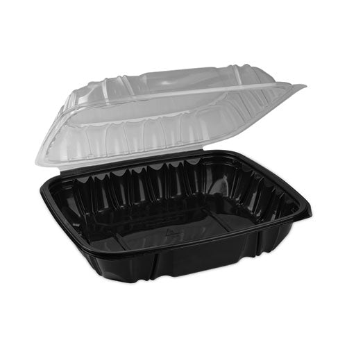 Image of Pactiv Evergreen EarthChoice Vented Dual Color Microwavable Hinged Lid Container, 66 oz, 10.5 x 9.5 x 3, Black/Clear, Plastic, 132/Carton