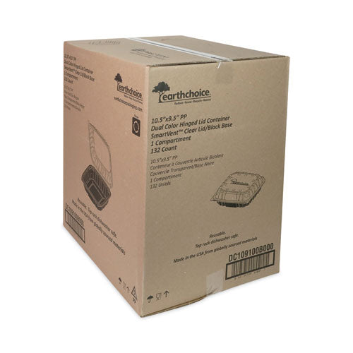 Image of Pactiv Evergreen EarthChoice Vented Dual Color Microwavable Hinged Lid Container, 66 oz, 10.5 x 9.5 x 3, Black/Clear, Plastic, 132/Carton