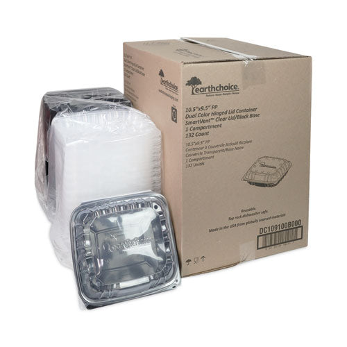 Image of Pactiv Evergreen EarthChoice Vented Dual Color Microwavable Hinged Lid Container, 66 oz, 10.5 x 9.5 x 3, Black/Clear, Plastic, 132/Carton