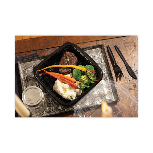 Image of Pactiv Evergreen EarthChoice Vented Dual Color Microwavable Hinged Lid Container, 66 oz, 10.5 x 9.5 x 3, Black/Clear, Plastic, 132/Carton