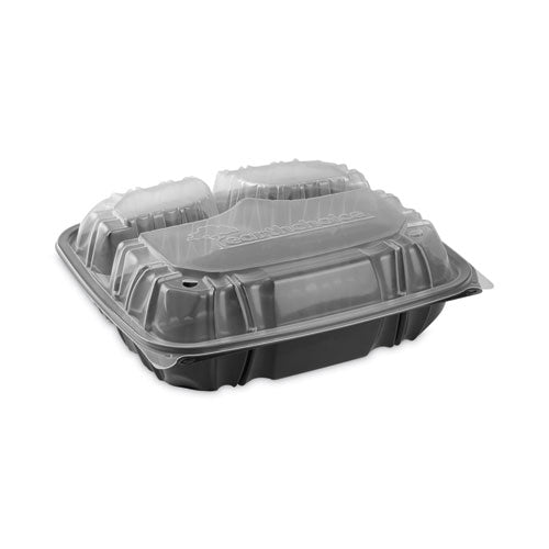 Image of Pactiv Evergreen EarthChoice Vented Dual Color Microwavable Hinged Lid Container, 3-Compartment Base/Lid, 34 oz, Black/Clear, Plastic, 132/CT