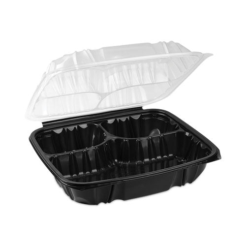 Image of Pactiv Evergreen EarthChoice Vented Dual Color Microwavable Hinged Lid Container, 3-Compartment Base/Lid, 34 oz, Black/Clear, Plastic, 132/CT