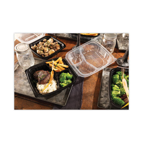 Image of Pactiv Evergreen EarthChoice Vented Dual Color Microwavable Hinged Lid Container, 3-Compartment Base/Lid, 34 oz, Black/Clear, Plastic, 132/CT