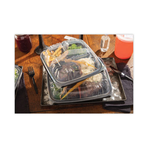 Image of Pactiv Evergreen EarthChoice Vented Dual Color Microwavable Hinged Lid Container, 3-Compartment Base/Lid, 34 oz, Black/Clear, Plastic, 132/CT