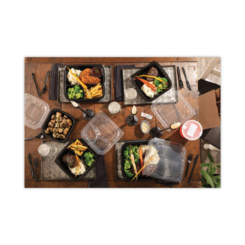 Image of Pactiv Evergreen EarthChoice Vented Dual Color Microwavable Hinged Lid Container, 3-Compartment Base/Lid, 34 oz, Black/Clear, Plastic, 132/CT