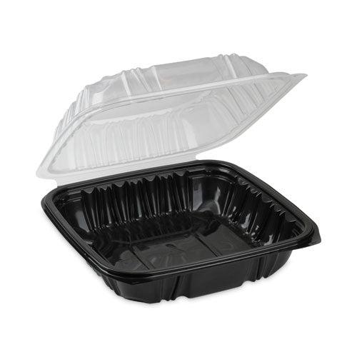 Image of Pactiv Evergreen EarthChoice Vented Dual Color Microwavable Hinged Lid Container, 28 oz, 7.5 x 7.5 x 3, Black/Clear, Plastic, 150/Carton