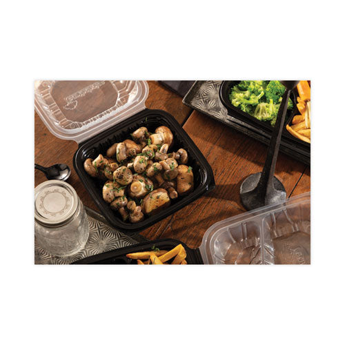 Image of Pactiv Evergreen EarthChoice Vented Dual Color Microwavable Hinged Lid Container, 28 oz, 7.5 x 7.5 x 3, Black/Clear, Plastic, 150/Carton