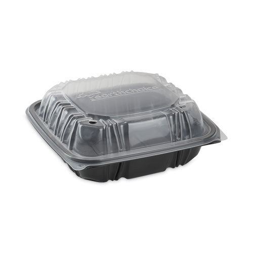 Image of Pactiv Evergreen EarthChoice Vented Dual Color Microwavable Hinged Lid Container, 38 oz, 8.5 x 8.5 x 3, Black/Clear, Plastic, 150/Carton