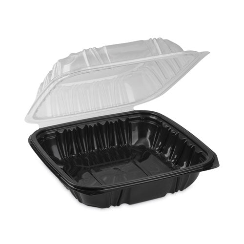 Image of Pactiv Evergreen EarthChoice Vented Dual Color Microwavable Hinged Lid Container, 38 oz, 8.5 x 8.5 x 3, Black/Clear, Plastic, 150/Carton