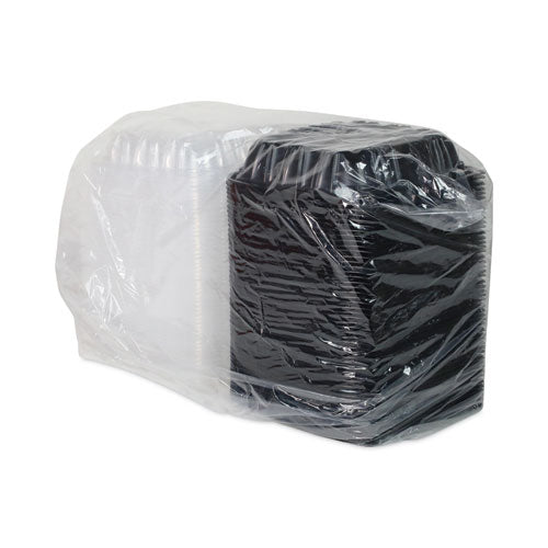 Image of Pactiv Evergreen EarthChoice Vented Dual Color Microwavable Hinged Lid Container, 38 oz, 8.5 x 8.5 x 3, Black/Clear, Plastic, 150/Carton
