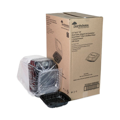Image of Pactiv Evergreen EarthChoice Vented Dual Color Microwavable Hinged Lid Container, 38 oz, 8.5 x 8.5 x 3, Black/Clear, Plastic, 150/Carton