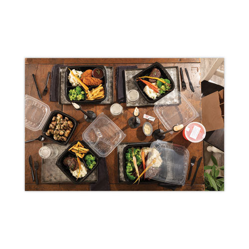 Image of Pactiv Evergreen EarthChoice Vented Dual Color Microwavable Hinged Lid Container, 38 oz, 8.5 x 8.5 x 3, Black/Clear, Plastic, 150/Carton